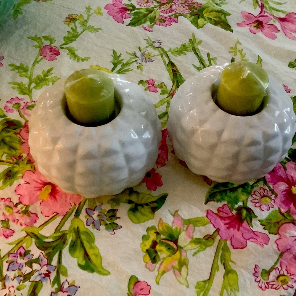 White Ceramic Candle Holders with Green Candles